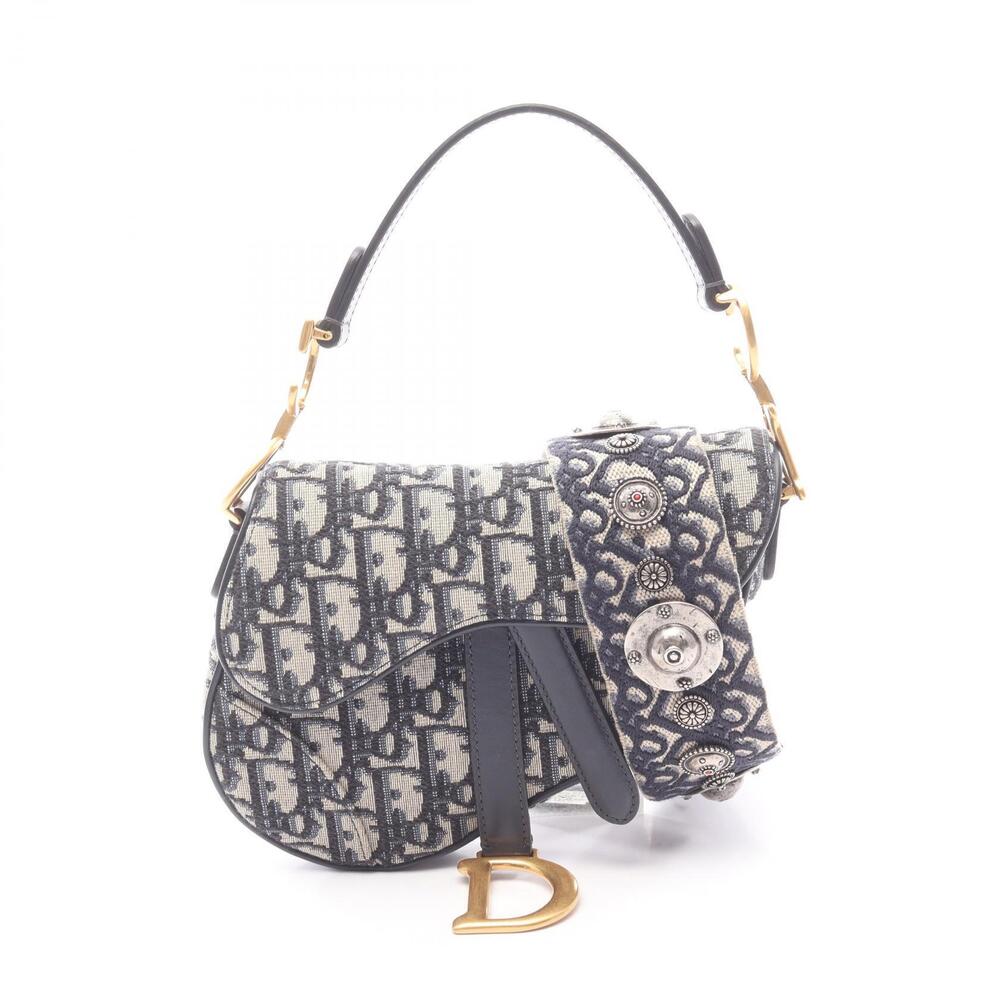 Christian Dior Saddle Bag Oblique Jacquard Handbag Canvas Leather Beige Navy
